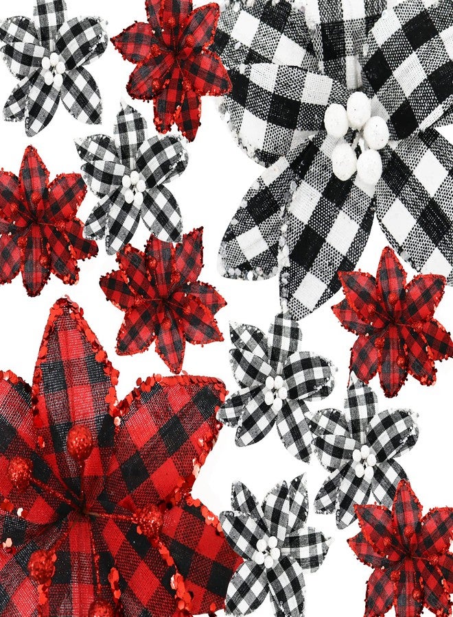 RISICULIS 12 Pieces Buffalo Plaid Poinsettias Christmas Tree Ornaments, 7.1 Inch Wide Artificial Christmas Flowers Poinsettia with Glitter Powder for Christmas Tree Garland Wedding Party Holiday Decoration - Image 1